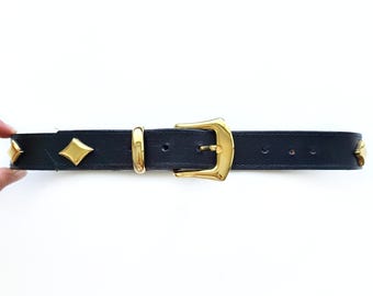 Vintage Genuine Leather Statement Belt, Gold Accent Buckle Made in USA XS Navy Vintage Navy Leather Belt: Gold Chain Accent, Skinny Waist  main image 4