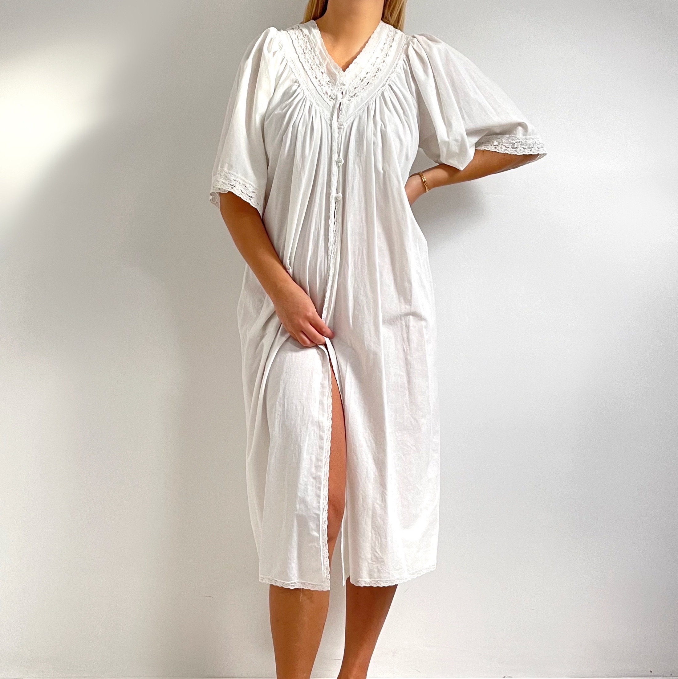 Vintage HARRODS White Cotton Smocked Nightie Short Sleeve House Robe Bed Gown Medium Large Etsy