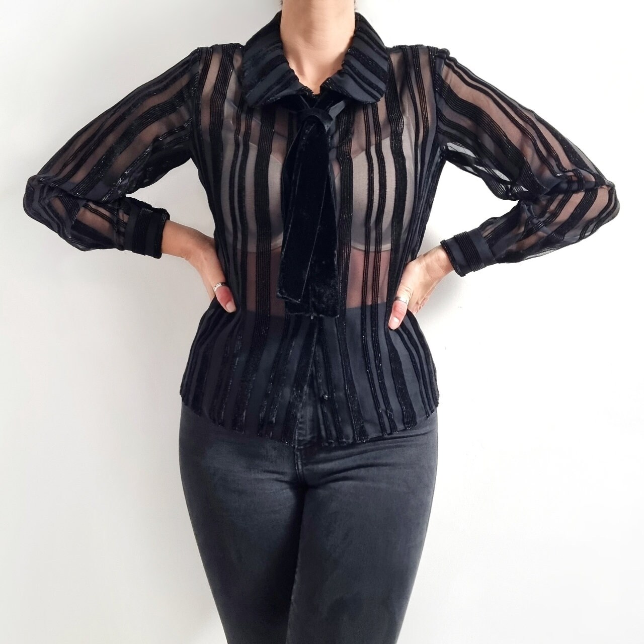 vintage leaf stripe sheer bow tie blouse 【公式通販】
