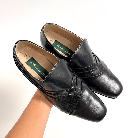 Vintage Black Leather Unisex Loafers | Cuban Heel… - image 3