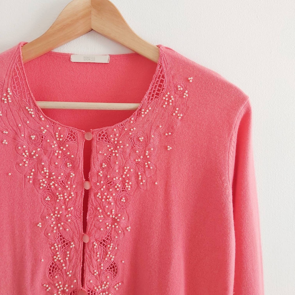 90's Vintage Embellished Cardigan in Pink // Button up Etsy