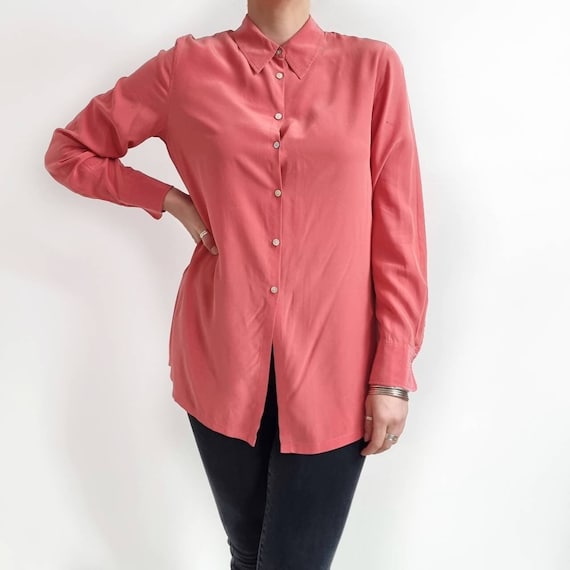 90's Vintage Bright Pink Pure Silk Ladies Shirt |… - image 1