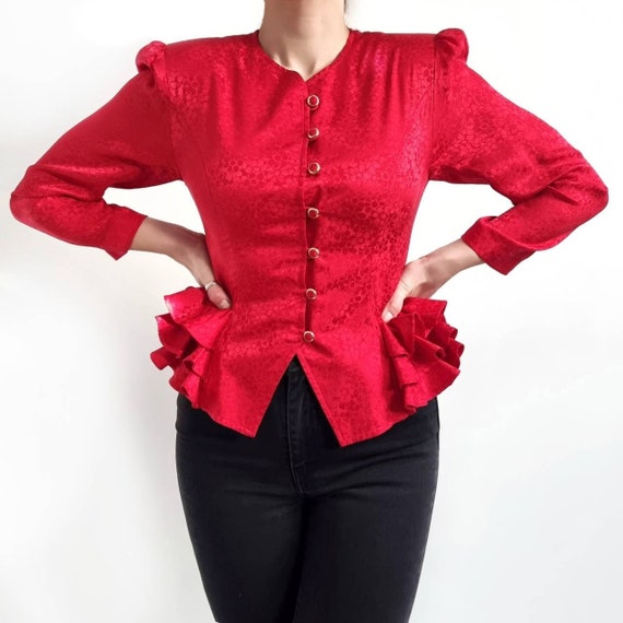 Vintage Bright Red Pure Silk Blazer Blouse With F… - image 1