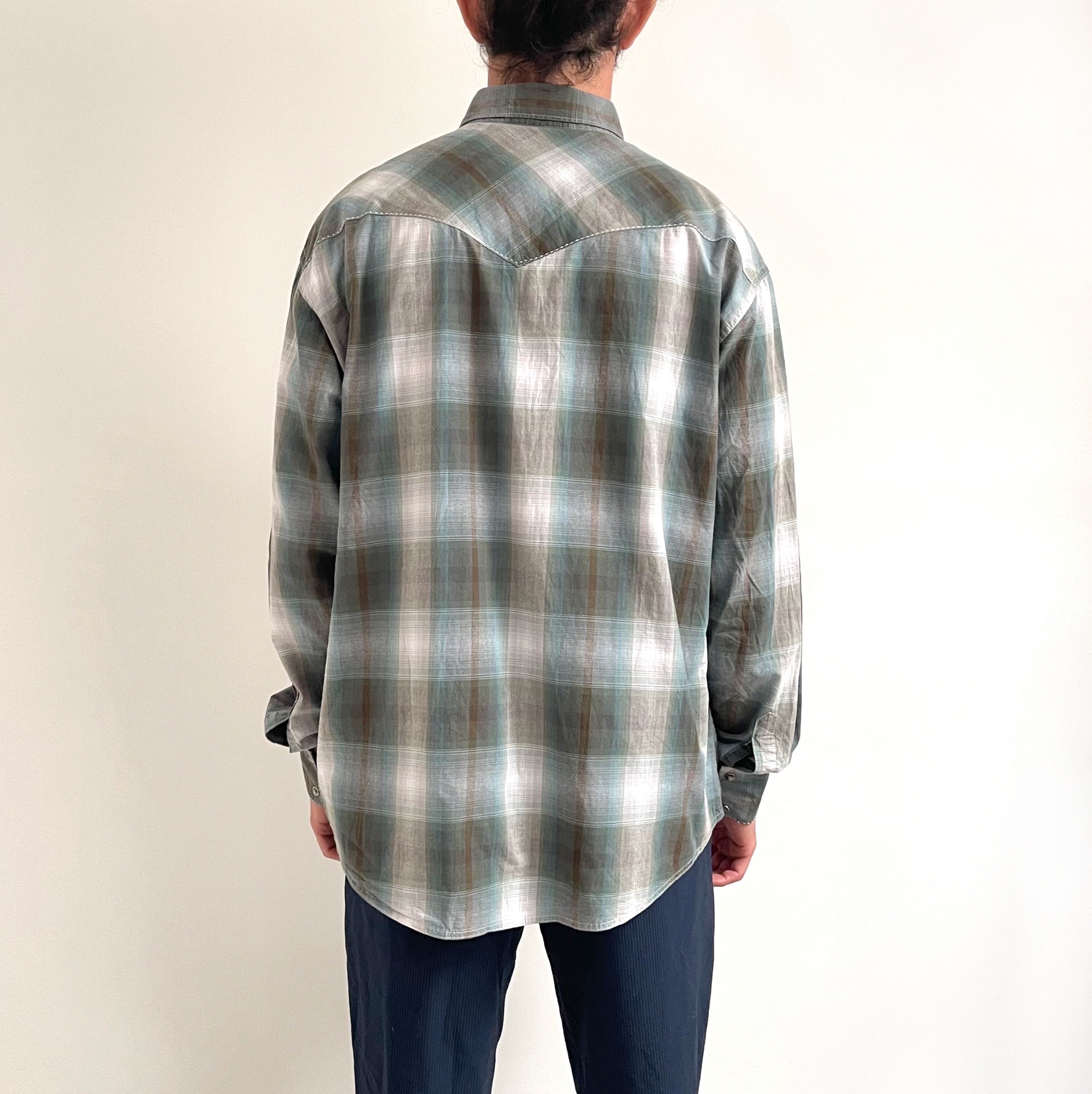 Chemise Western Wrangler Homme Taille XL, Marron Et Gris à Carreaux, Boutons Pression