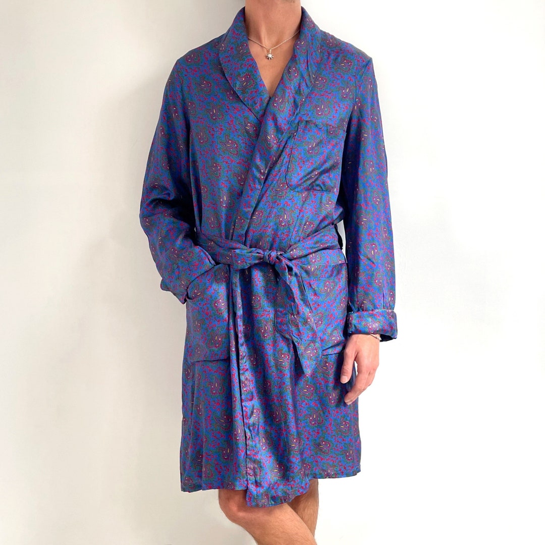 Vintage Mens House Robe Blue Printed Smoking Jacket Medium Dressing Gown Etsy