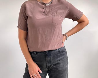 Blusa de verano de manga corta con bordados en seda marrón vintage de los años 80, talla pequeña a mediana