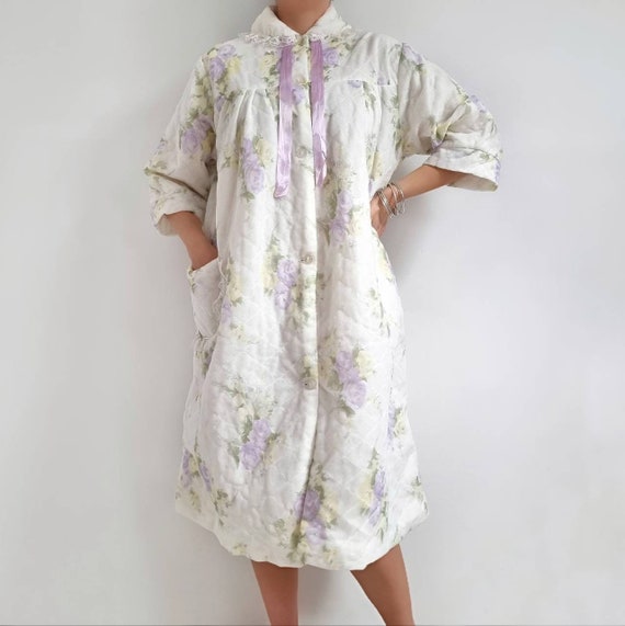 Vintage Pastel Floral Padded House Coat | Yellow … - image 2