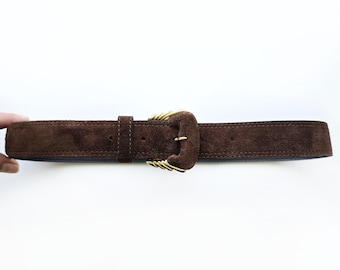 Vintage Brown Suede Belt With Fancy Gold Buckle | Ladies Dress Belt | Small | Made in Italy