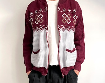 Vintage Men’s Zip Up Cardigan | Burgundy & Pastel Blue Knit Jumper w Pockets | Medium