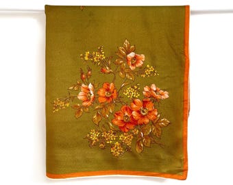 70s Vintage Rustic Floral Print Scarf in Brown & Green | Flower Print Khaki Scarf