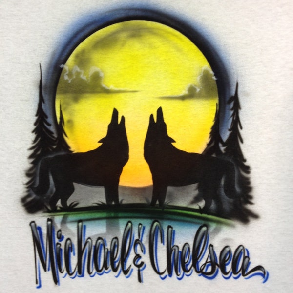 Airbrush Wolf Couple Howling at the Moon Personalized with Name T-Shirt size S M L XL 2XL Custom Airbrushed Shirts