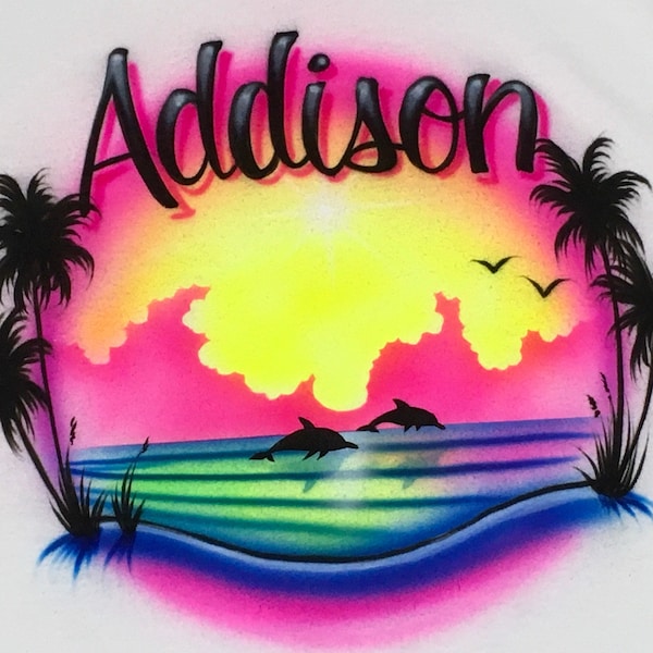 Airbrush Dolphins Jumping Ocean Beach Vacation Shirts 80s 90s Shirt Personalized with Name Airbrushed T-Shirt