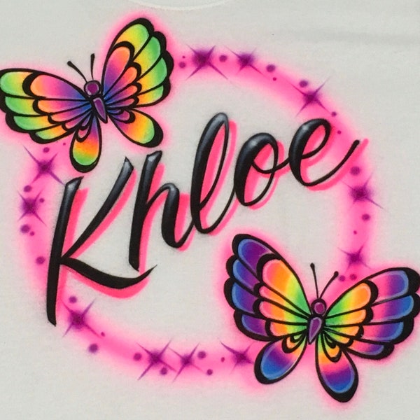 Airbrush Rainbow Butterfly Name Design T-Shirt size S M L XL 2X Airbrushed Personalized T Shirt