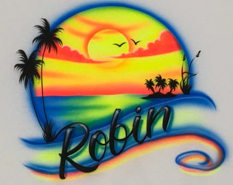 Airbrush Ocean Island Beach Vacation Shirt 80s 90s Shirt Personalized with Name Airbrushed T-Shirts