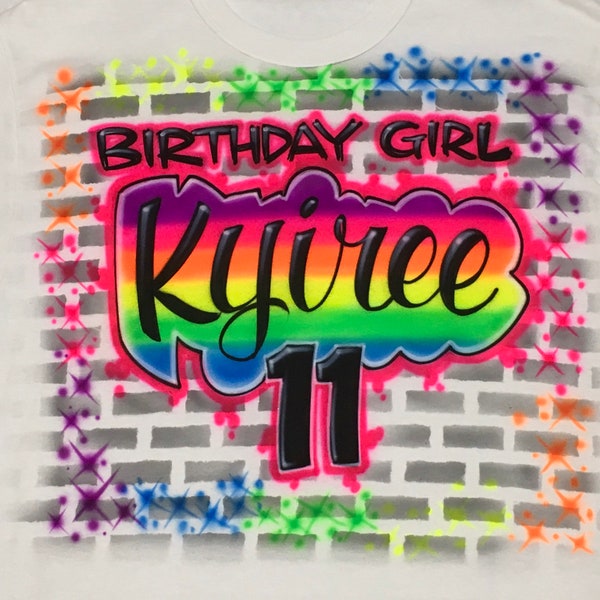 Airbrush 80's 90's Graffiti Hip Hop Retro Party T-Shirt with Name and Age Airbrushed Birthday Girl T Shirt