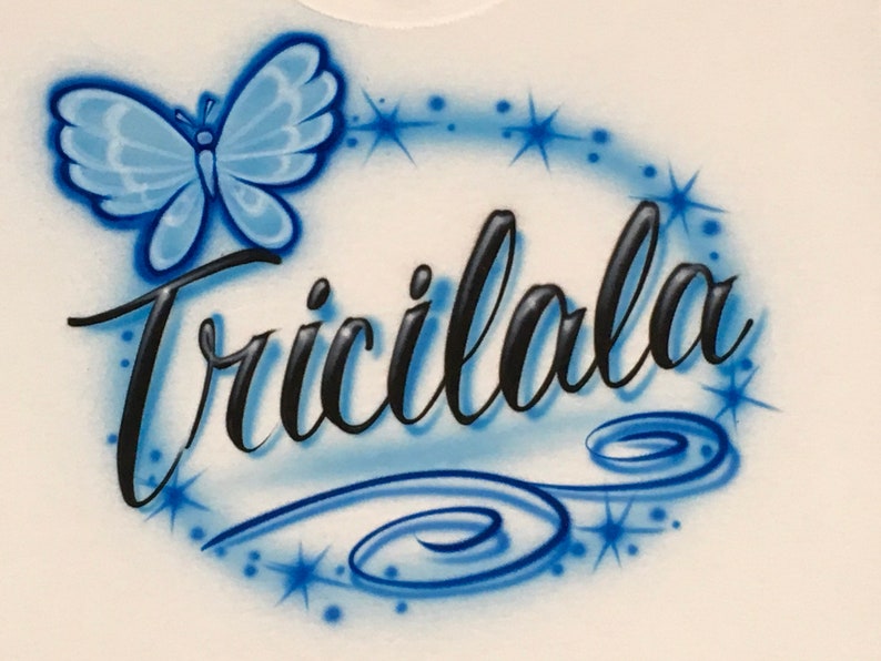 Airbrush Blue Butterfly Name Design T-Shirt size S M L XL 2X Custom Airbrushed Personalized T Shirt image 1