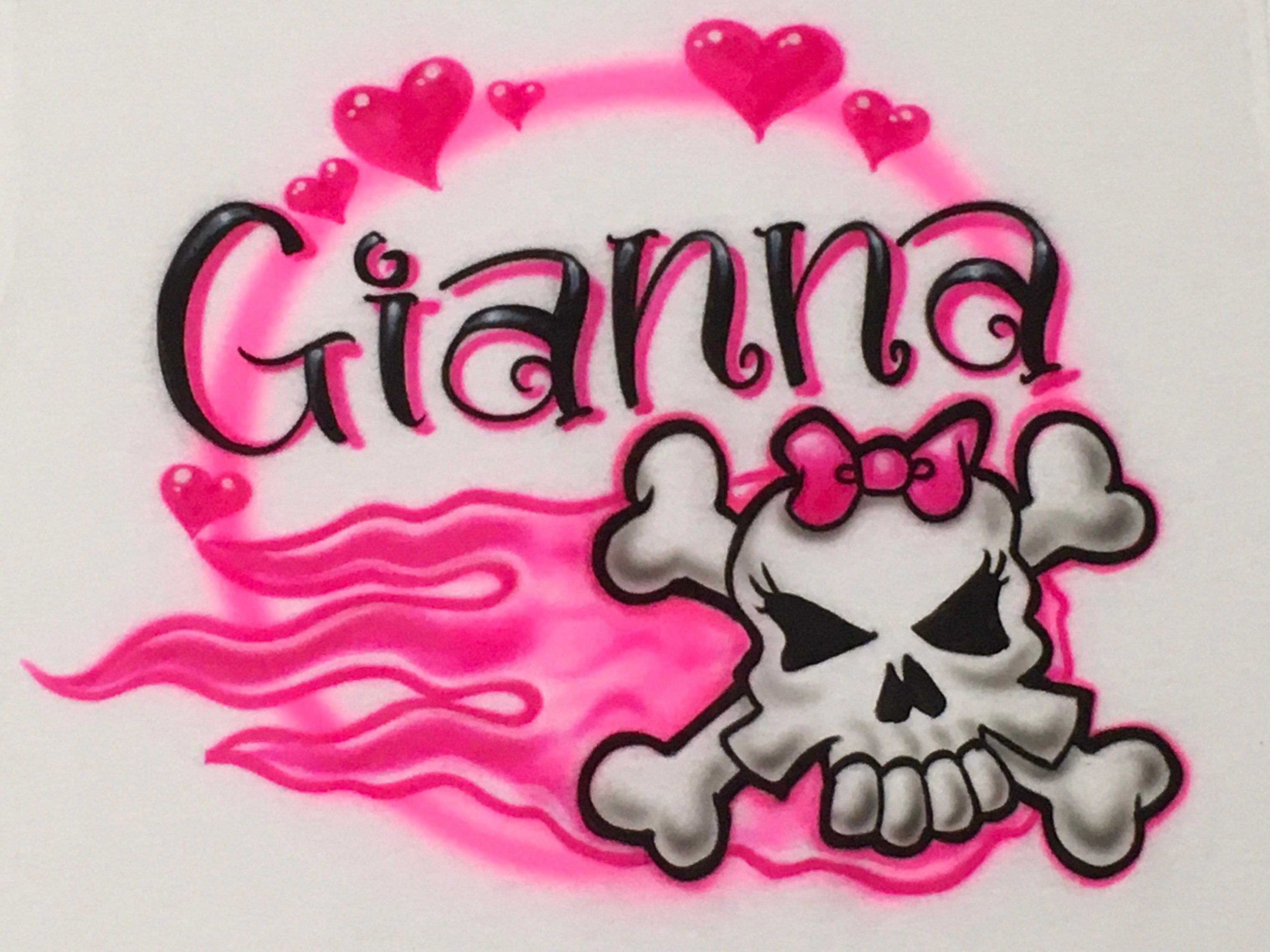 Airbrush Pink Heart Flame Girl Skull Name Design T Shirt Size Etsy