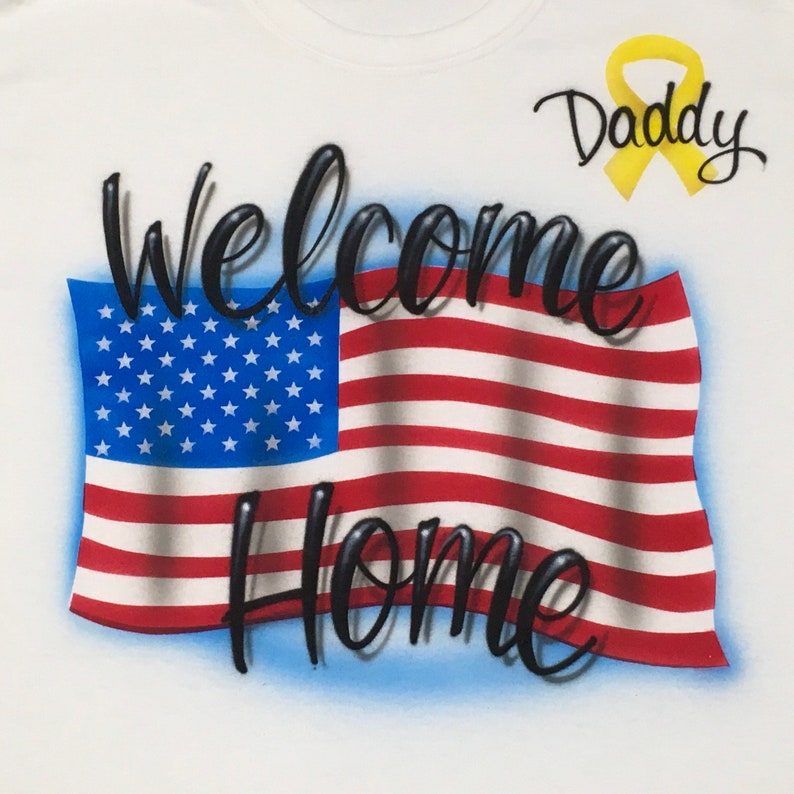 Airbrushed Welcome Home USA Flag With Yellow Ribbon size S M L | Etsy