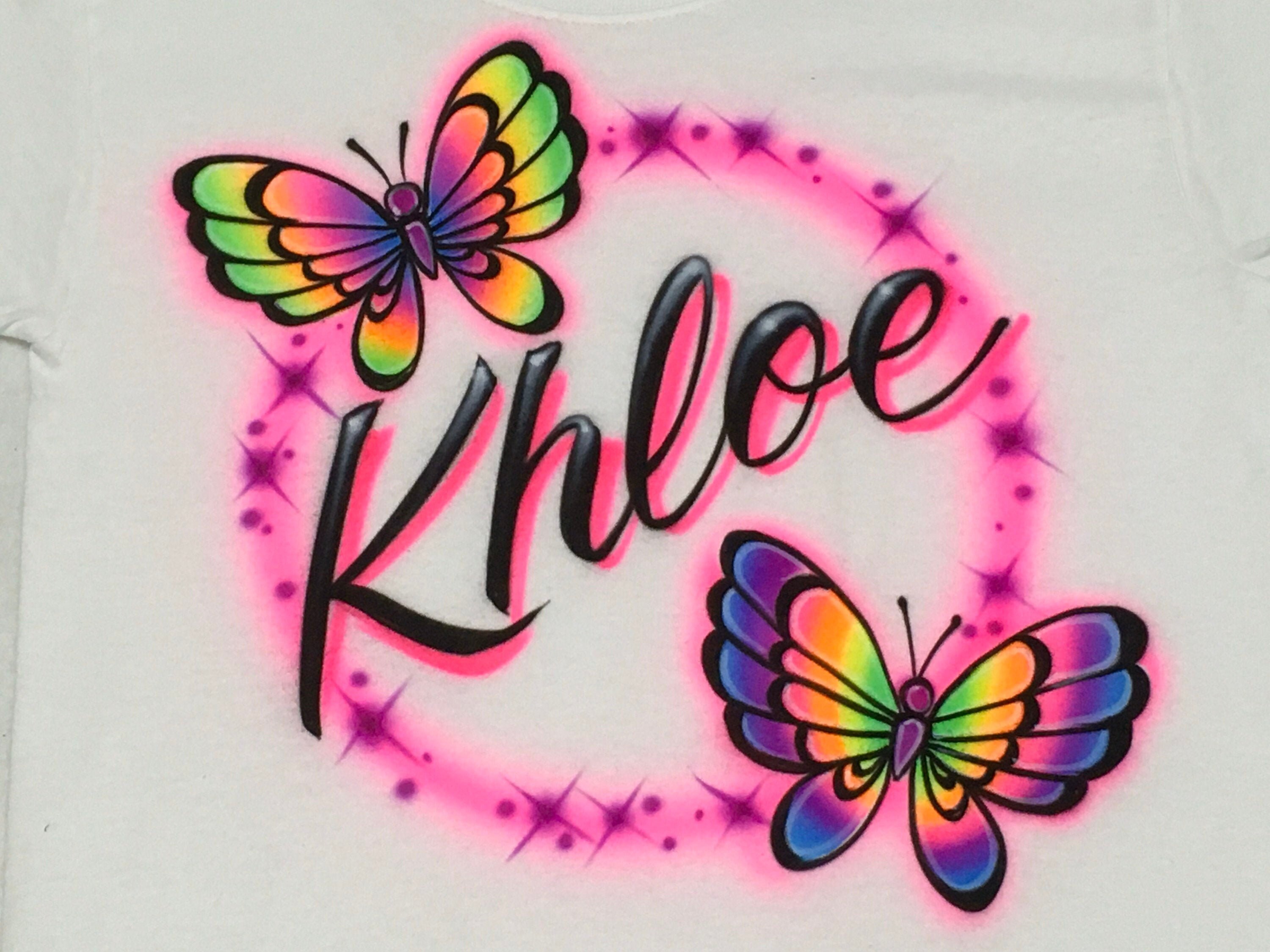 Airbrush Rainbow Butterfly Name Design T-Shirt size S M L XL 2X Custo…