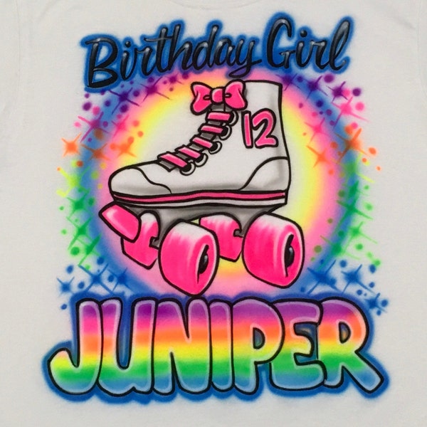 Airbrush Birthday Pink Trim Skate & Number T-Shirt with Rainbow Name Airbrushed Party T Shirts