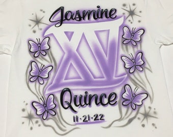 Airbrush Personalized Quince Butterfly T-Shirt Personalized Name Quinceanera 15 Sweet 16 Dance Party Airbrushed Shirts