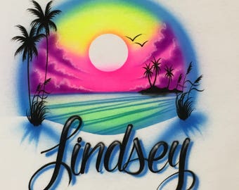 Airbrush Custom Vacation T Shirts 80s 90s Sunrise Beach Shirt Personalized with Name Airbrushed T-Shirt