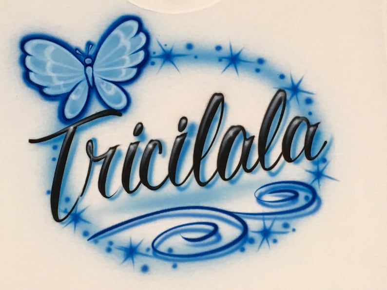 Airbrush Blue Butterfly Name Design T-Shirt size S M L XL 2X Custom Airbrushed Personalized T Shirt image 4