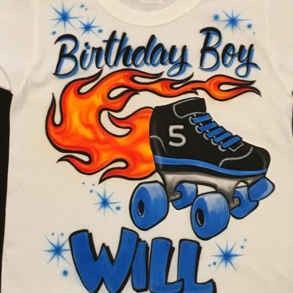 Airbrush Flaming Roller Skate Birthday Boy Retro Party Shirt With Name And Number Airbrushed 80s 90s T-shirt