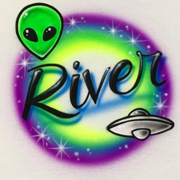 Airbrush Alien Spacecraft Name Design T-Shirt Airbrushed Spaceship Personalized Space S M L XL 2XL 3XL T Shirt