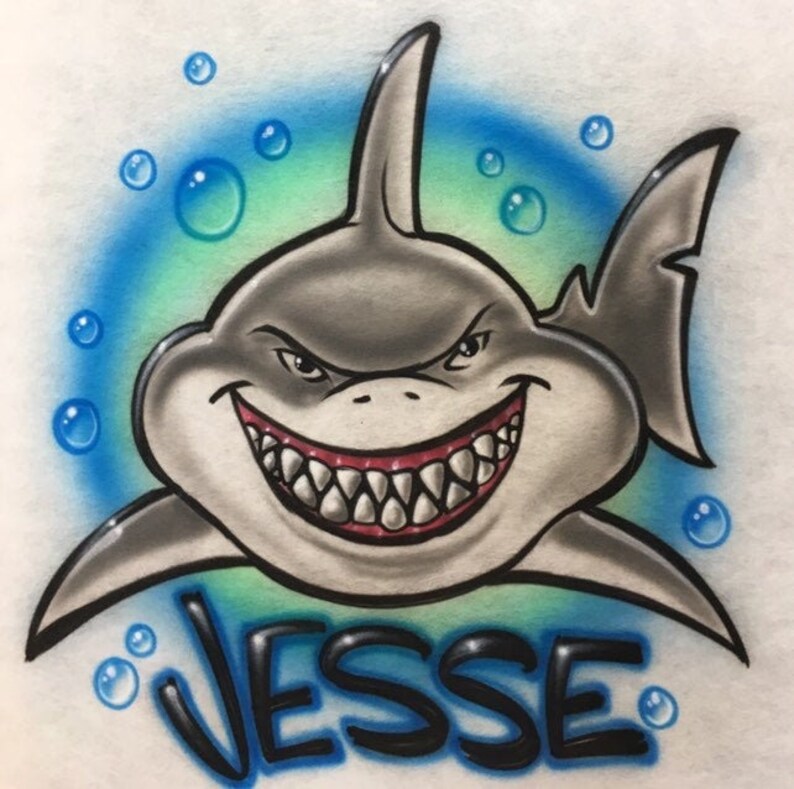 Airbrush Shark T-Shirt Personalized Name Airbrushed Throwback Retro Birthday Party Shirts image 1