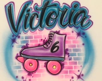 Airbrushed 80s 90s Roller Skate T-Shirt with Name and Age Hip Hop Brick Wall Birthday Airbrush Shirts