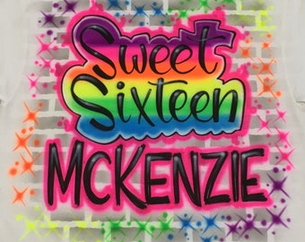 Airbrush Sweet Sixteen Hip Hop Birthday Shirts Personalized with Name 16 Brick Wall 80s 90s Party Airbrushed T-Shirt