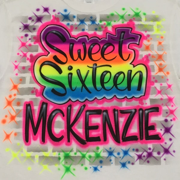 Airbrush Sweet Sixteen Hip Hop Birthday Shirts Personalized with Name 16 Brick Wall 80s 90s Party Airbrushed T-Shirt