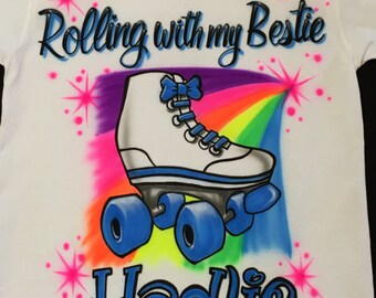 Rolling with My Bestie Roller Skate Best Friend Birthday T-Shirt Custom Airbrushed Name Size S M L XL 2XL Airbrush Shirt