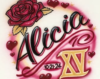 Airbrush Personalized Quince Rose Princess T-Shirt Personalized Name Quinceanera 15 Sweet 16 Dance Party Airbrushed Shirts