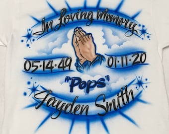 T-shirt Airbrush In Loving Memory avec nom et dates Rest in Peace T-shirt personnalisé RIP aérographe