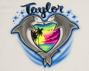 Airbrush Dolphin Ocean Beach Couple Shirt Personalized with Name size S M L 2XL Retro Airbrushed T-shirt