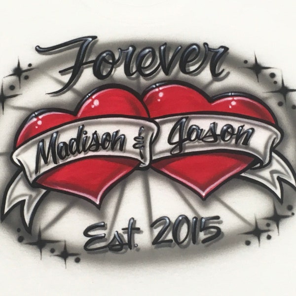 Airbrushed Red Hearts T-Shirt Personalized with Couples Names size S M L XL 2XL 3XL Airbrush T Shirts