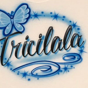 Airbrush Blue Butterfly Name Design T-Shirt size S M L XL 2X Custom Airbrushed Personalized T Shirt image 3