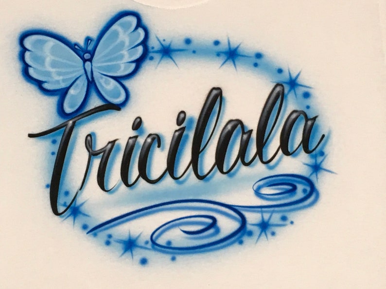 Airbrush Blue Butterfly Name Design T-Shirt size S M L XL 2X Custom Airbrushed Personalized T Shirt Bild 3