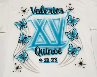 Airbrush Personalized Quince Teal Butterfly T-Shirt Name Quinceanera 15 Sweet 16 Dance Party Airbrushed Shirts