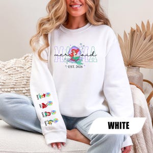 Personalized Mama Mermaid Sweatshirt, Custom Ariel Family Shirt, Little Mermaid Shirt, Princess Ariel Tee, Mama with Kid Name on Sleeve Tee image 2