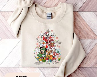 Sweat-shirt de Noël Mickey et ses amis, sweat-shirt de Noël Disney, col rond avec sapin des Fêtes, pull de Noël assorti pour les fêtes de famille