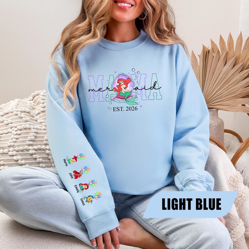 Personalized Mama Mermaid Sweatshirt, Custom Ariel Family Shirt, Little Mermaid Shirt, Princess Ariel Tee, Mama with Kid Name on Sleeve Tee image 4