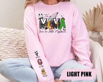 Personalized Halloween Mama Sweatshirt with Kids Name on Sleeve, Custom Kids Names Halloween Hoodie, Spooky Mama Shirt, Mama Halloween Gift
