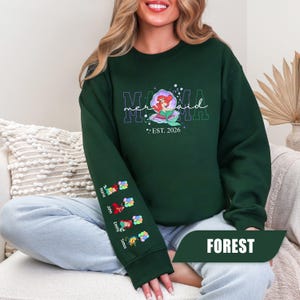 Personalized Mama Mermaid Sweatshirt, Custom Ariel Family Shirt, Little Mermaid Shirt, Princess Ariel Tee, Mama with Kid Name on Sleeve Tee image 3