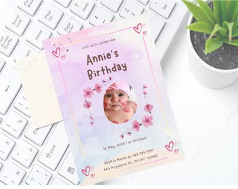 Baby Birthday Invitation Template Canva - Pink Invitation