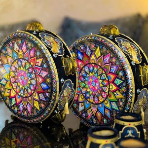Handmade Moroccan Tambourine: Colorful Mandala Drum with Brass Jingles