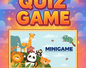 以下が含まれることがあります： オレンジ色の「QUIZ GAME」という文字が表示された、カラフルなクイズゲームのシーンが映し出されたコンピュータ画面。象、キリン、パンダ、ライオンなど、漫画の動物たちが画面に登場。「MINIGAME」という文字も表示されています。