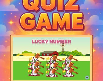 以下が含まれることがあります： オレンジ色の「QUIZ GAME」というテキストが表示されたクイズゲームのコンピューター画面。ゲームには、ハンマー、旗、そして「LUCKY NUMBER」という言葉を持つ漫画のキャラクターが登場します。背景には、赤い納屋と風車のある農場のシーンがあります。